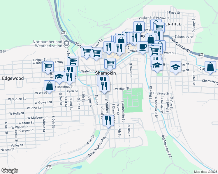 map of restaurants, bars, coffee shops, grocery stores, and more near 5 North Market Street in Shamokin