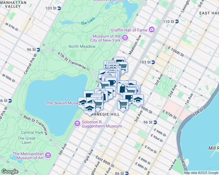 map of restaurants, bars, coffee shops, grocery stores, and more near 21 East 96th Street in New York