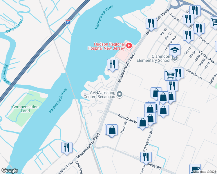map of restaurants, bars, coffee shops, grocery stores, and more near 32 Marina Key in Secaucus