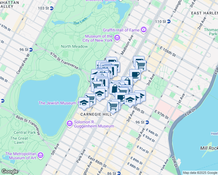 map of restaurants, bars, coffee shops, grocery stores, and more near 52 East 97th Street in New York