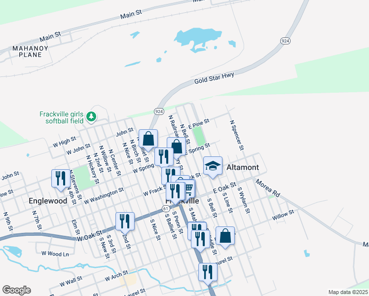 map of restaurants, bars, coffee shops, grocery stores, and more near 123 North Railroad Avenue in Frackville