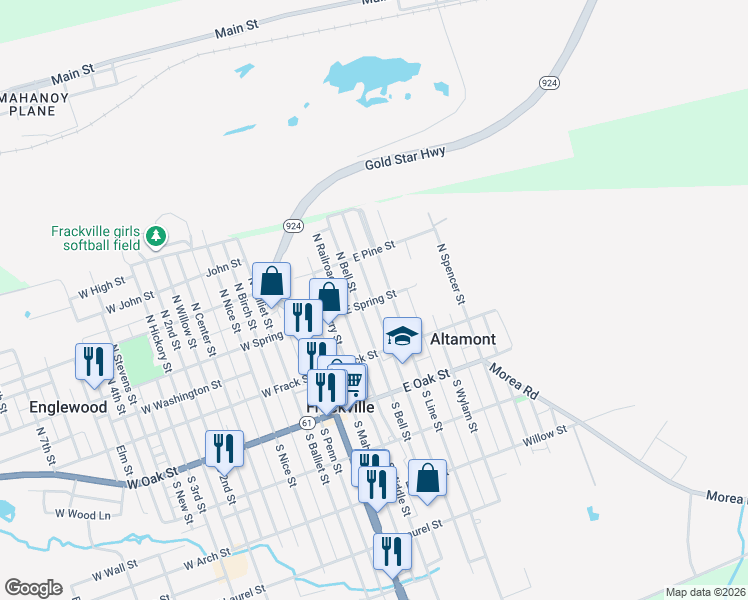 map of restaurants, bars, coffee shops, grocery stores, and more near 101 North Broad Mountain Avenue in Frackville