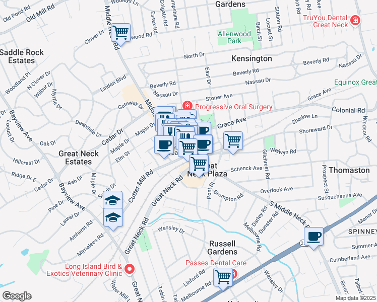 map of restaurants, bars, coffee shops, grocery stores, and more near 8 Bond Street in Great Neck Plaza