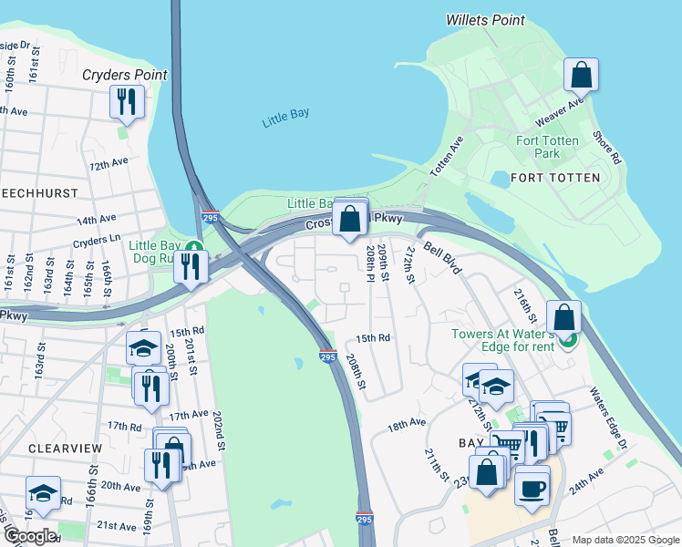 map of restaurants, bars, coffee shops, grocery stores, and more near 207-11 Melissa Court in Queens