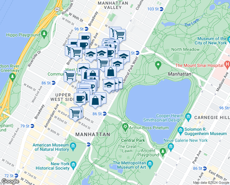 map of restaurants, bars, coffee shops, grocery stores, and more near 295 Central Park West in New York