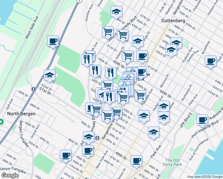 map of restaurants, bars, coffee shops, grocery stores, and more near 575 57th Street in West New York
