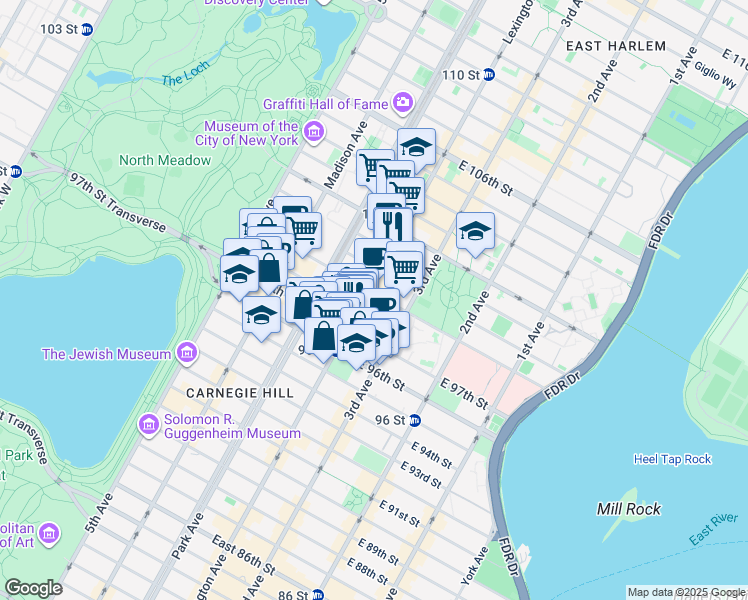 map of restaurants, bars, coffee shops, grocery stores, and more near 160 East 99th Street in New York