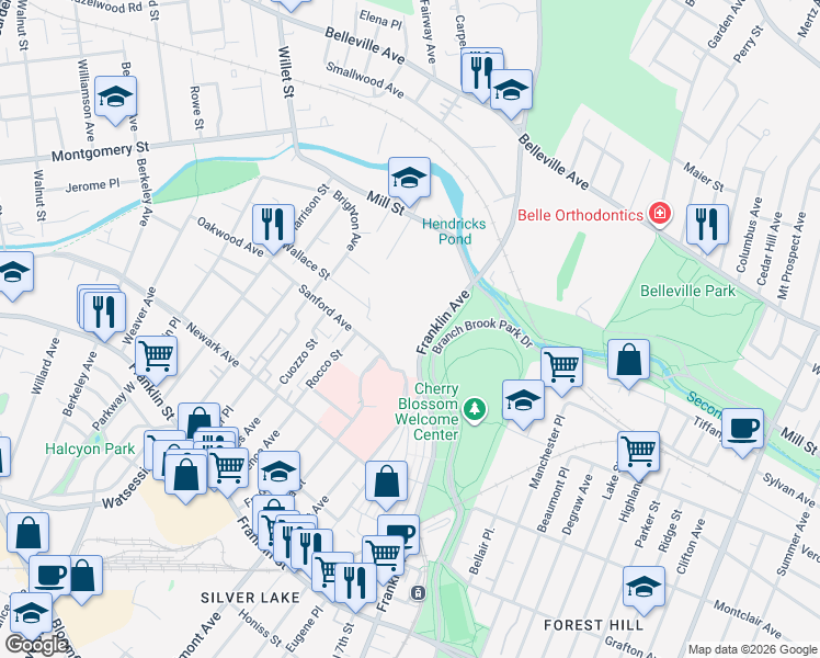 map of restaurants, bars, coffee shops, grocery stores, and more near 11 Franklin Avenue in Belleville