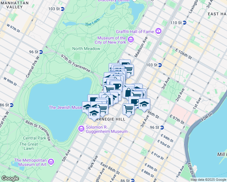 map of restaurants, bars, coffee shops, grocery stores, and more near 17 E 96th St in New York