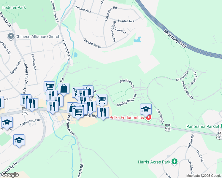 map of restaurants, bars, coffee shops, grocery stores, and more near 383 Rolling Ridge Drive in State College