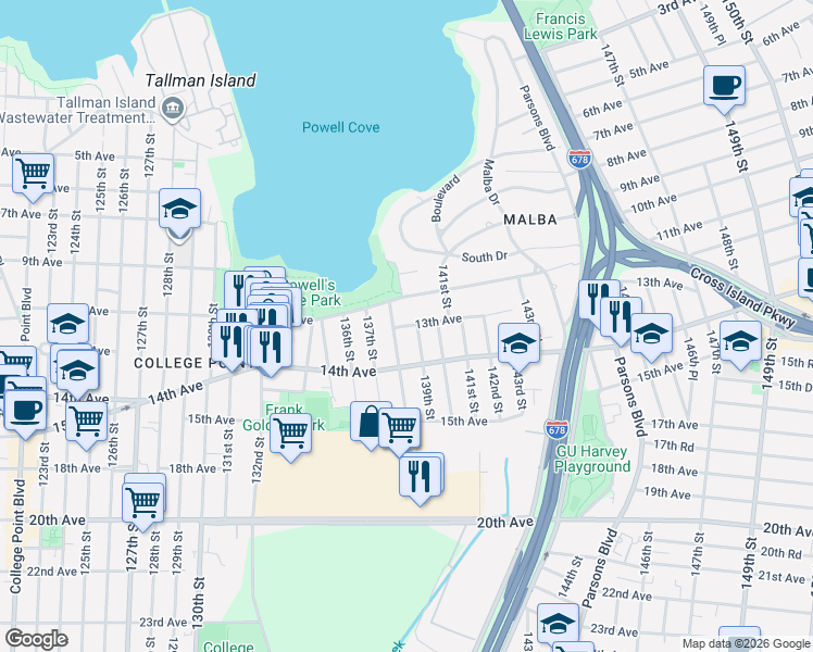 map of restaurants, bars, coffee shops, grocery stores, and more near 139-07 13th Avenue in Queens