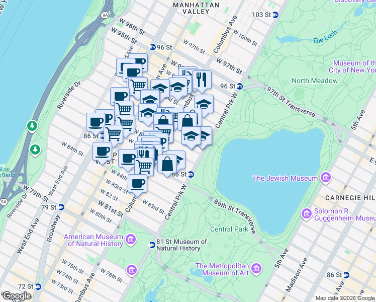 map of restaurants, bars, coffee shops, grocery stores, and more near 47 West 89th Street in New York