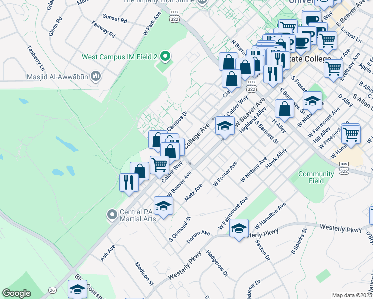 map of restaurants, bars, coffee shops, grocery stores, and more near 820 West College Avenue in State College