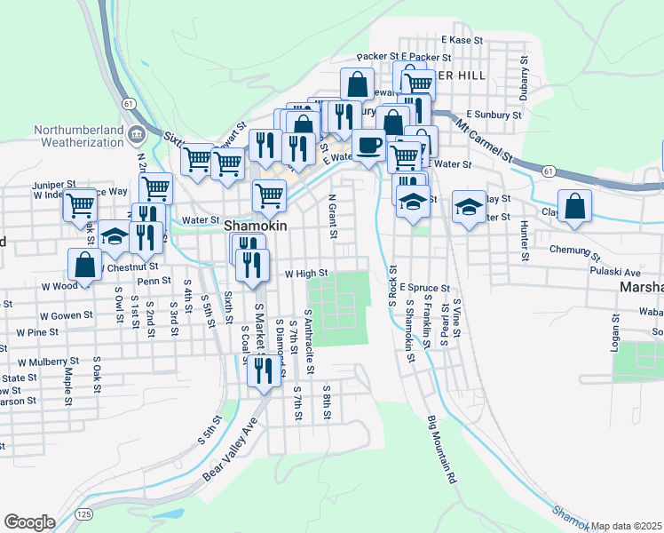 map of restaurants, bars, coffee shops, grocery stores, and more near 5 East Chestnut Street in Shamokin