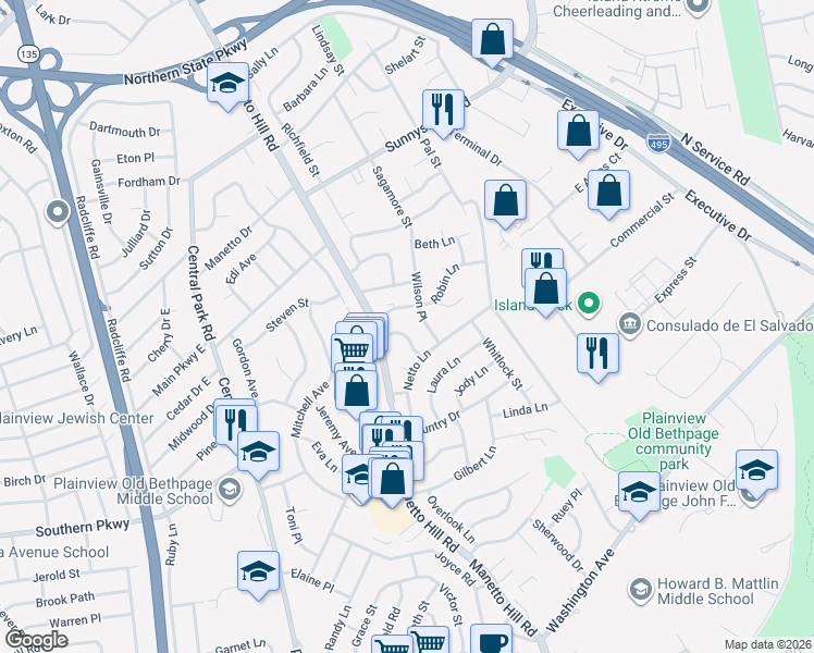map of restaurants, bars, coffee shops, grocery stores, and more near 6 Robin Lane in Plainview