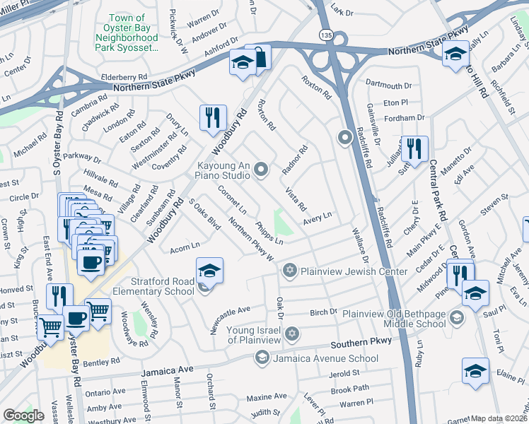 map of restaurants, bars, coffee shops, grocery stores, and more near 39 Marilyn Boulevard in Plainview