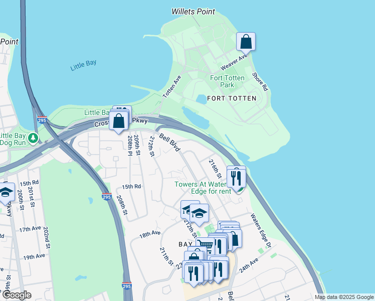 map of restaurants, bars, coffee shops, grocery stores, and more near 14-04 Waters Edge Drive in Queens