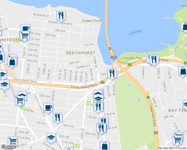 map of restaurants, bars, coffee shops, grocery stores, and more near 14-52 Utopia Parkway in Queens