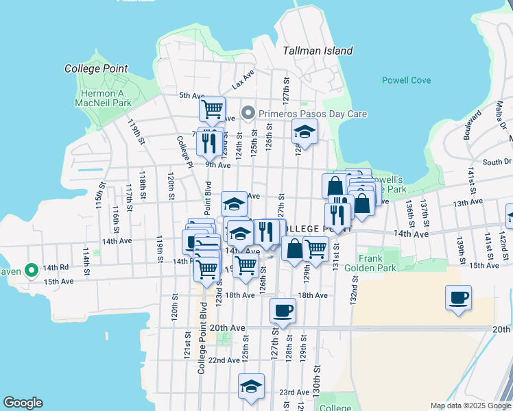 map of restaurants, bars, coffee shops, grocery stores, and more near 125-19 11th Avenue in Queens