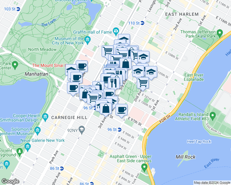 map of restaurants, bars, coffee shops, grocery stores, and more near in New York