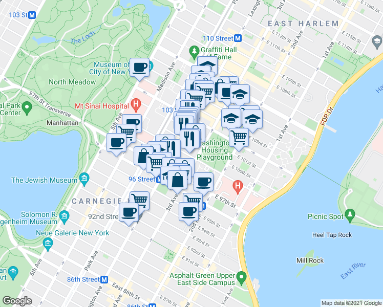 map of restaurants, bars, coffee shops, grocery stores, and more near 160 East 100th Street in New York