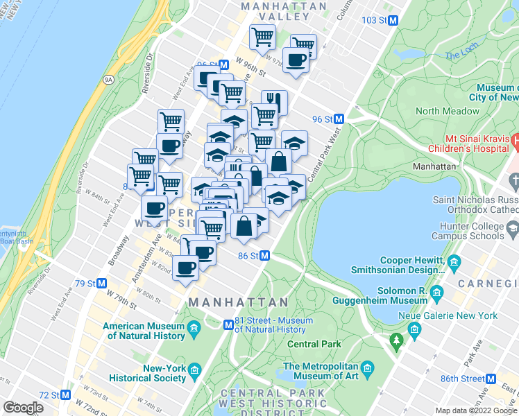 map of restaurants, bars, coffee shops, grocery stores, and more near 47 West 89th Street in New York