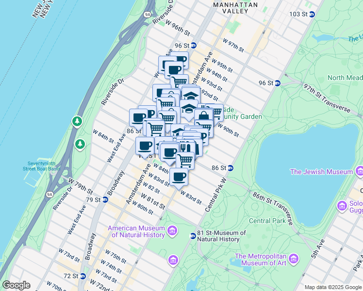 map of restaurants, bars, coffee shops, grocery stores, and more near 136 West 88th Street in New York