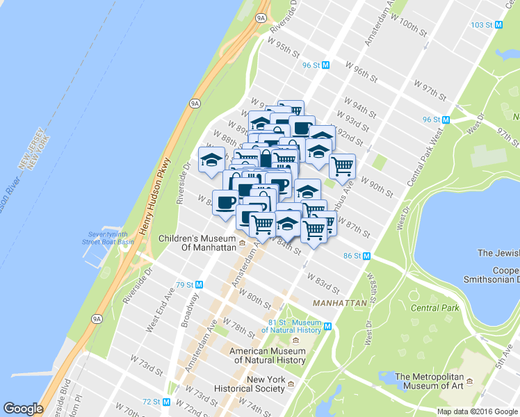 map of restaurants, bars, coffee shops, grocery stores, and more near in New York