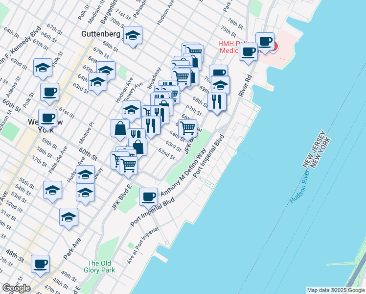 map of restaurants, bars, coffee shops, grocery stores, and more near 6401 Boulevard East in West New York
