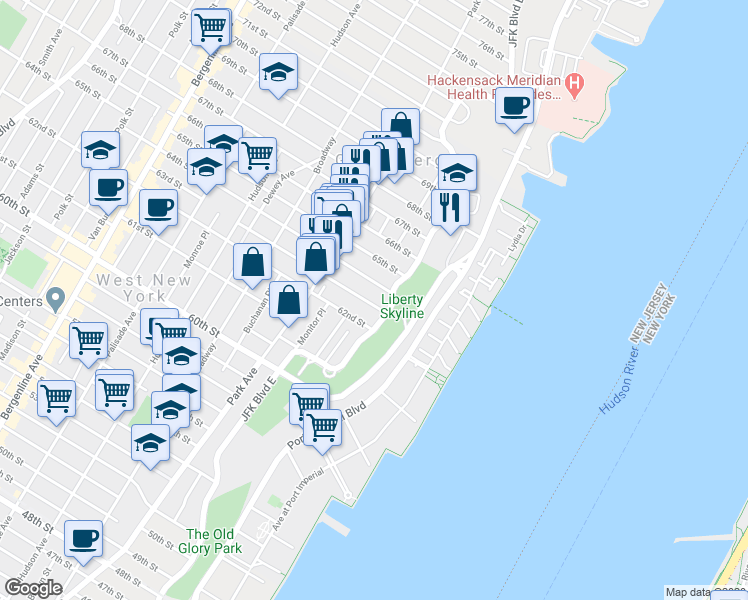 map of restaurants, bars, coffee shops, grocery stores, and more near 6401 JFK Boulevard East in West New York