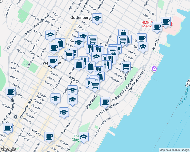 map of restaurants, bars, coffee shops, grocery stores, and more near 6120 Buchanan Place in West New York