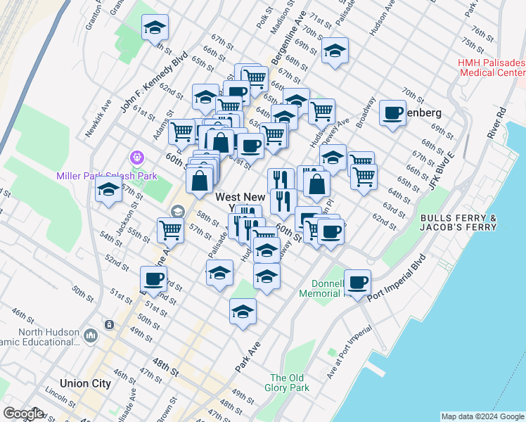 map of restaurants, bars, coffee shops, grocery stores, and more near 6015 Monroe Place in West New York