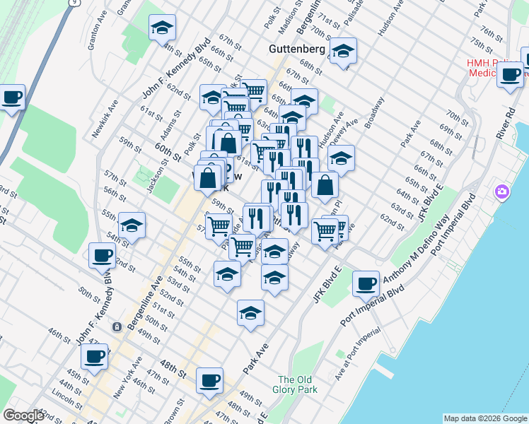map of restaurants, bars, coffee shops, grocery stores, and more near 6015 Monroe Place in West New York