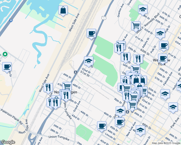 map of restaurants, bars, coffee shops, grocery stores, and more near 1612 52nd Street in North Bergen