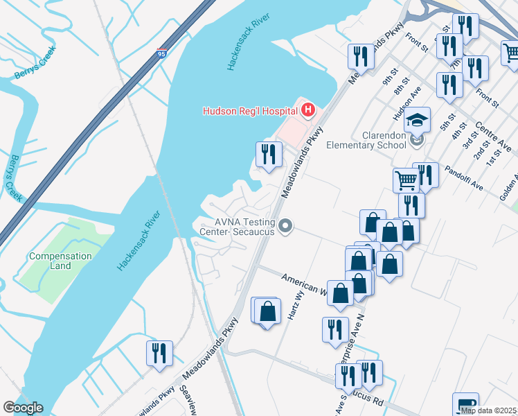 map of restaurants, bars, coffee shops, grocery stores, and more near 32 Marina Key in Secaucus