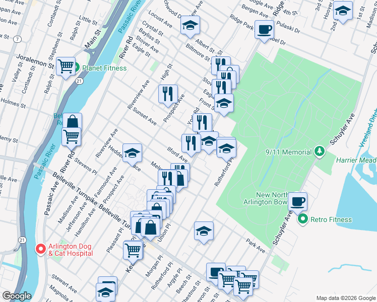 map of restaurants, bars, coffee shops, grocery stores, and more near 10 Willis Road in North Arlington