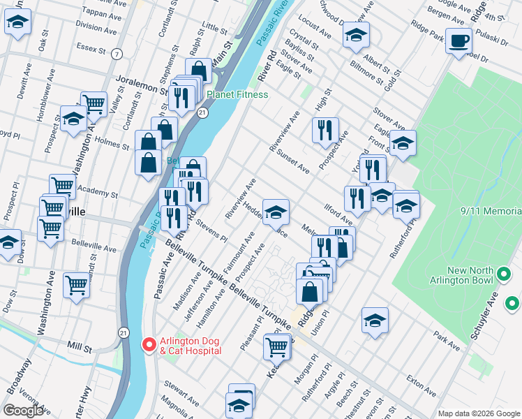 map of restaurants, bars, coffee shops, grocery stores, and more near 120 Melrose Avenue in North Arlington