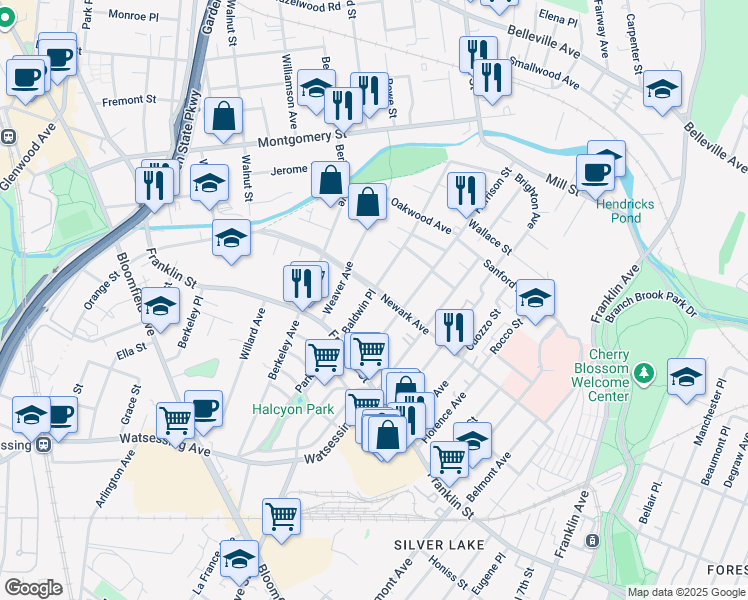 map of restaurants, bars, coffee shops, grocery stores, and more near 53 Newark Avenue in Bloomfield