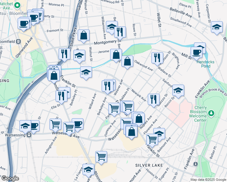map of restaurants, bars, coffee shops, grocery stores, and more near 220 Berkeley Avenue in Bloomfield