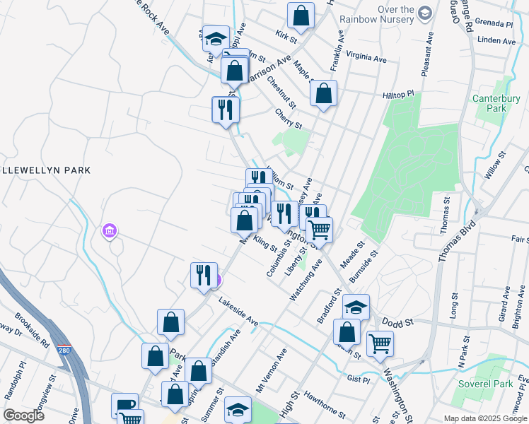 map of restaurants, bars, coffee shops, grocery stores, and more near 289 Main Street in West Orange
