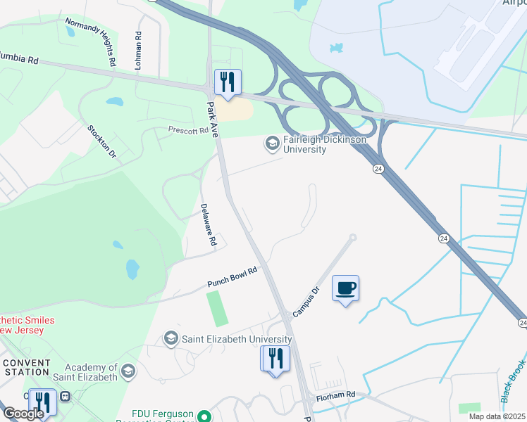 map of restaurants, bars, coffee shops, grocery stores, and more near 190 Park Avenue in Florham Park