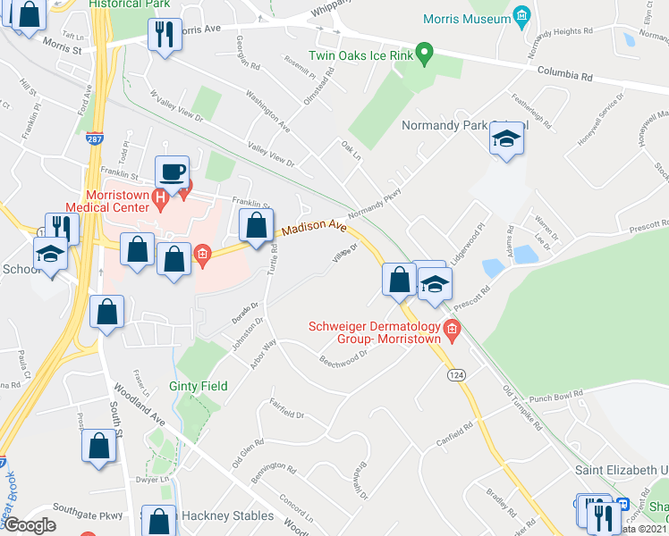 map of restaurants, bars, coffee shops, grocery stores, and more near 111 Village Drive in Morristown