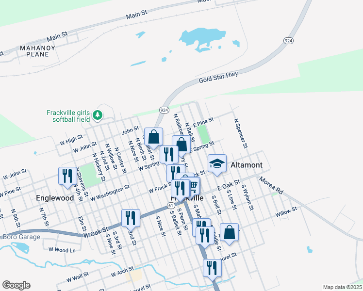 map of restaurants, bars, coffee shops, grocery stores, and more near 135 North Railroad Avenue in Frackville