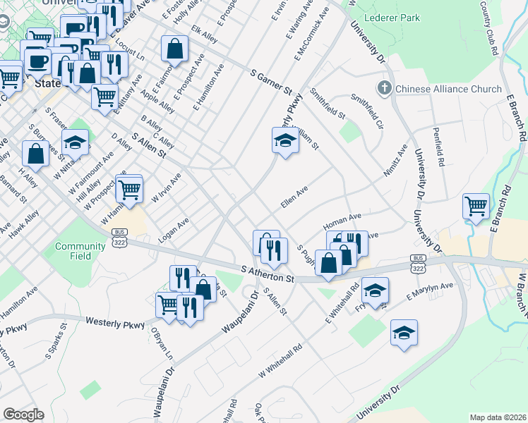 map of restaurants, bars, coffee shops, grocery stores, and more near 1108 South Pugh Street in State College