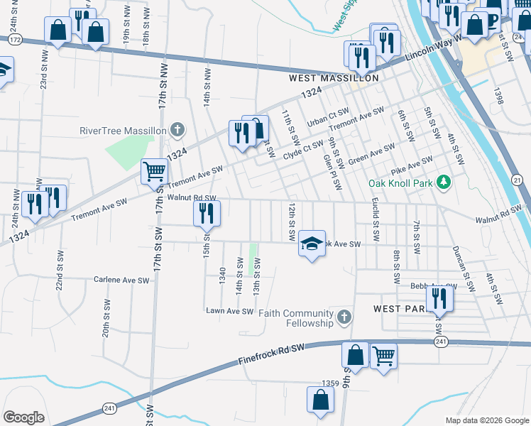 map of restaurants, bars, coffee shops, grocery stores, and more near in Massillon