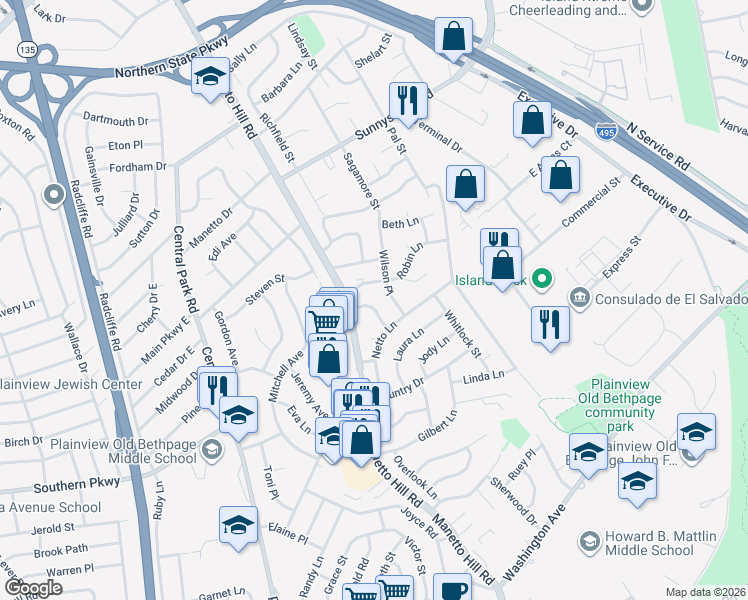 map of restaurants, bars, coffee shops, grocery stores, and more near 6 Robin Lane in Plainview