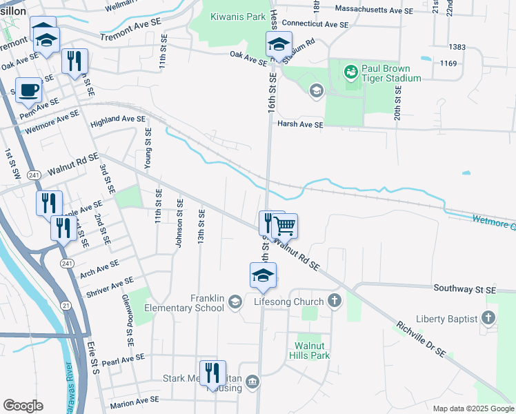 map of restaurants, bars, coffee shops, grocery stores, and more near 759 Lawton Street Southeast in Massillon