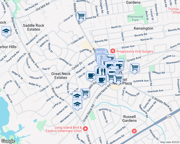 map of restaurants, bars, coffee shops, grocery stores, and more near 24 Elm Street in Great Neck