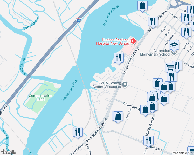 map of restaurants, bars, coffee shops, grocery stores, and more near 191 Sandcastle Key in Secaucus