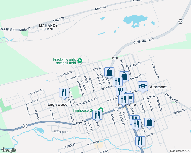 map of restaurants, bars, coffee shops, grocery stores, and more near 238 North Nice Street in Frackville